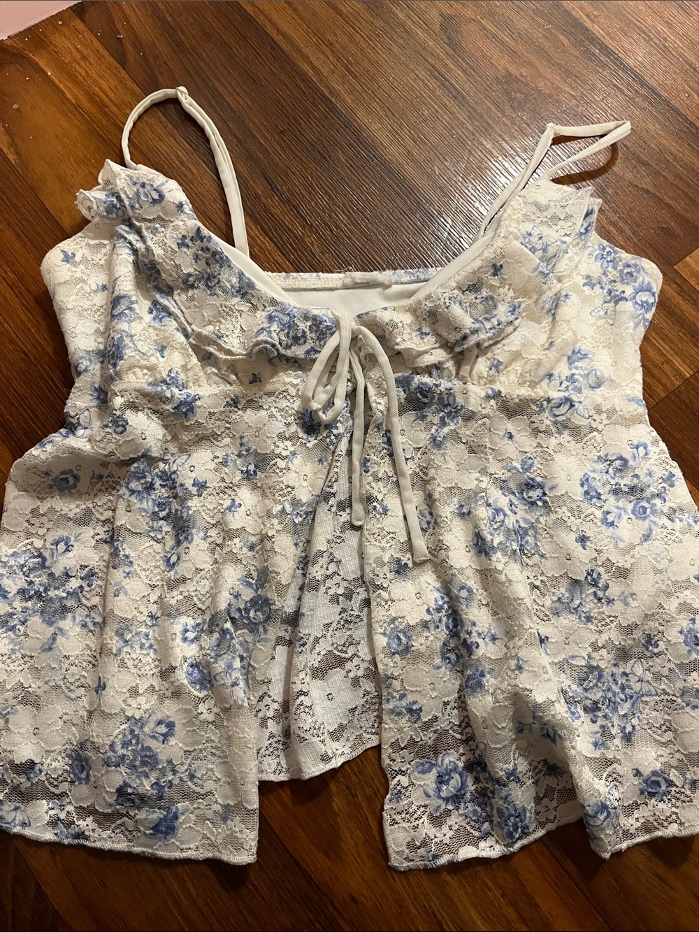 Garage Cream Lace Floral Tank Top with Blue Print